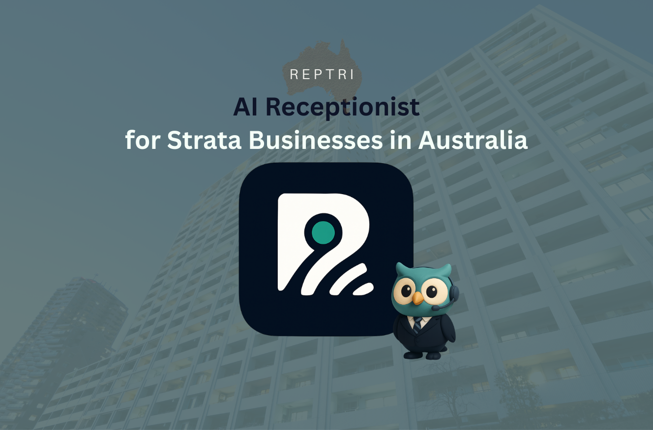 Feature image titled "AI Receptionist for Strata Businesses in Australia", with the reptri logo centre of the page and the reptri owl wearing a suit overlapping the logo with an almost transparent background of a data centre with a green hue over it.