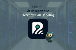 Feature image titled "AI Receptionist Overflow Call Handling", with the reptri logo centre of the page and the reptri owl overlapping the logo.